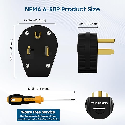 NEMA 6-50P Straight Blade Angle Plug, AC Dryer Replacement Male Angle Plug,3-Prong Grounding Heavy Duty Universal Power Male Connector for Dryers, Welder, Generator 50 Amp,250Volt-with 1 Screwdriver
