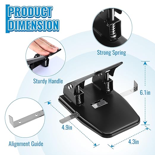 Dreyoo 2 Hole Punch with 100 Prong Paper Fasteners, Heavy Duty Two Hole Paper Puncher for File Folder and Metal File Fasteners Combo Set, 30 Sheet Capacity, Padded Handle(Compressor)