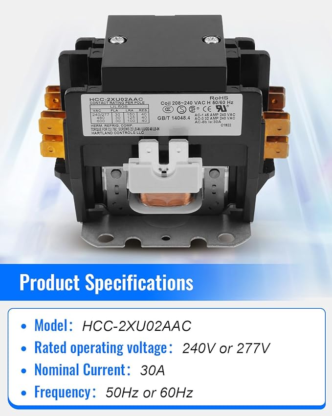 HCC-2XU02AAC Bipolar Air Conditioning Heat Pump Ice Maker AC Contactor 208v-240v 30A 50/60 Hz Contactor