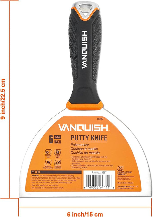 VANQUISH Stainless Steel Putty Knife, 6 Inch Paint Scraper with Soft Grip Handle and Metal Hammer End for Drywall Spackle, Taping, Scraping Paint 3587