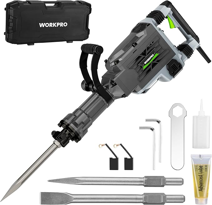 WORKPRO 60 J Demolition Jack Hammer – 15A Heavy Duty Electric Concrete Breaker, 1900 BPM Industrial Jackhammer with 2 HEX30 Chisels, UL Plug, Wheeled Carry Case for Construction & Renovation