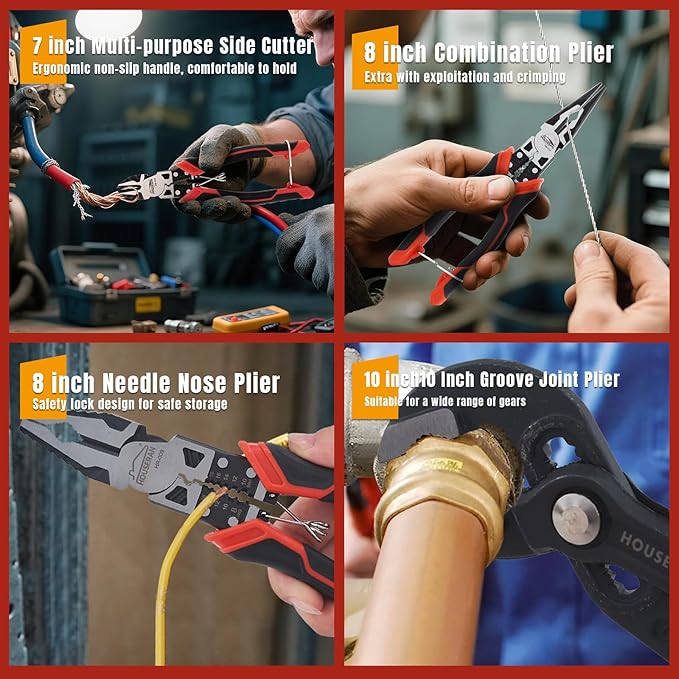 8-Piece Tool Set with Case Including 10??Groove Joint Pliers, 8.3??Long Nose, 8.3??Linesman, 7.5??Diagonal, 6??Flush Cutter, 5??Long Nose, 5??170 Cutter, 25mm Rubber Mallet for DIY & Home Use