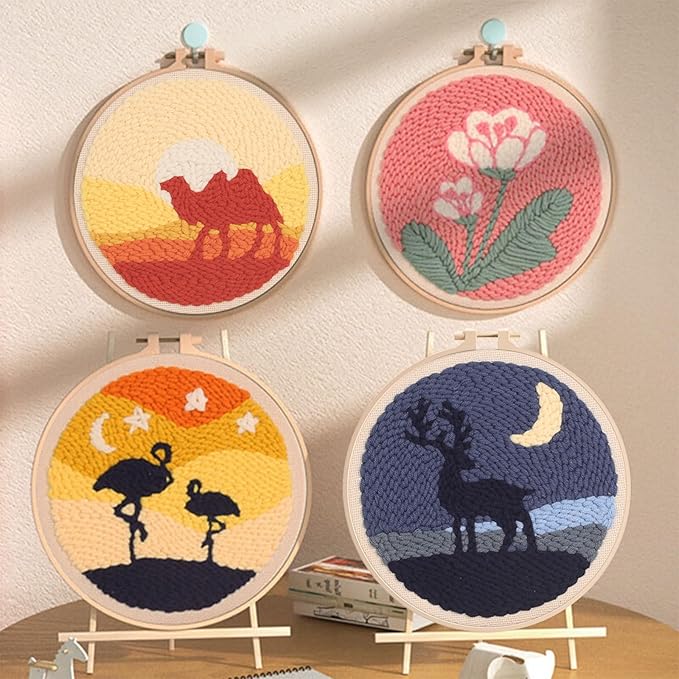 Woohome Punch Needle Kit Included Plastic Hoops, Punch Needle Cloth, Color Yarn and Punch Needle Tools for Adults, Beginners (Camel, Flamingo, Elk)