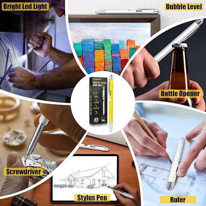 Christmas Stocking Stuffers Gifts for Men, White Elephant Gifts for Adults Dad Boyfriend Him Husband, 9 in 1 Multitool Tool Pen Set, Screwdriver, LED Light, Stylus, Bottle Opener, Ruler, Level(Yellow)