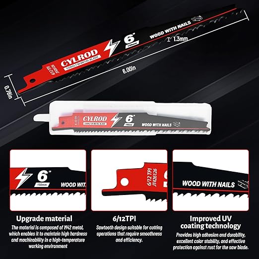 25 Pack 6 in 6/12 TPI Reciprocating Saw Blades for Sawzall Blades Metal Cutting,M42 Steel Cobalt Bi-Metal Blades for Nail-Embedded Wood Cutting,Stud Cutting Replace for Milwaukee for Diablo Blade