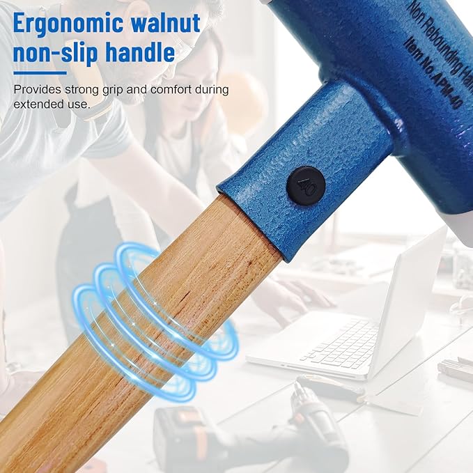 Dead Blow Nylon Hammer with Walnut Handle, Non-Marring Dual-Face Mallet with Steel Shot Core for Tile & Flooring Installation, Metalworking, Mechanical Repair and Assembly Tasks (Blue)