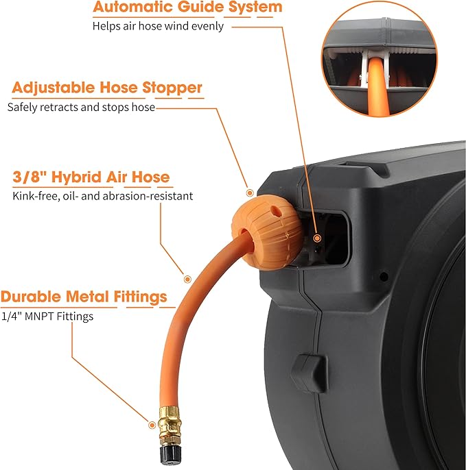 Giraffe Tools Retractable Air Hose Reel Enclosed with 3/8 in. x 50 ft Hybrid Hose, Lightweight Compressor Hose Reel Wall Mounted with 180째 Swivel Bracket, 300 PSI