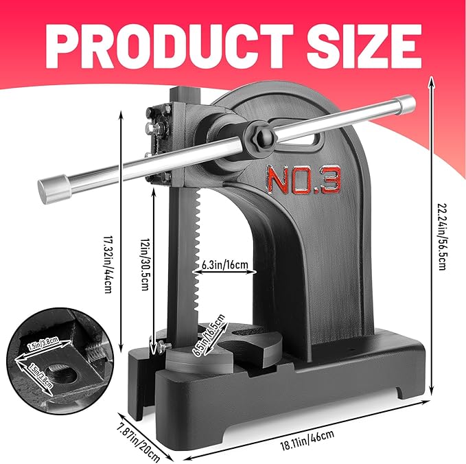 Heavy Duty 3 Ton Arbor Press, Manual Arbor Press, 12" Maximum Height, Cast Iron Desktop Press for Bending, Stamping, Forming, Stretching (3 Ton Black)