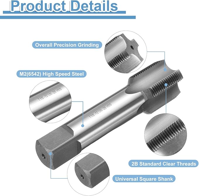 uxcell Hand Bottom Tap 1-1/2-12 UNF 2B Thread Bottoming Style Threading Taps High Speed Steel HSS6542 Straight Flutes Screw Tapping Tool