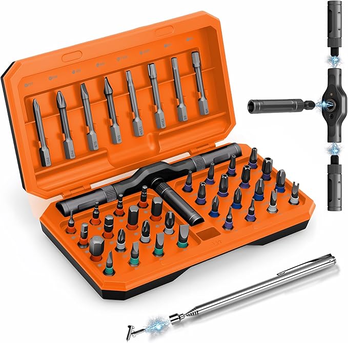 Magnetic Ratchet Screwdriver Set 42 + 1, T Handle Ratchet Screwdriver with S2 Steel Multi Bits, Magnetic Screwdriver Set with a Magnetic Pickup Tool for Home Daily Repair Furniture & DIY, Orange