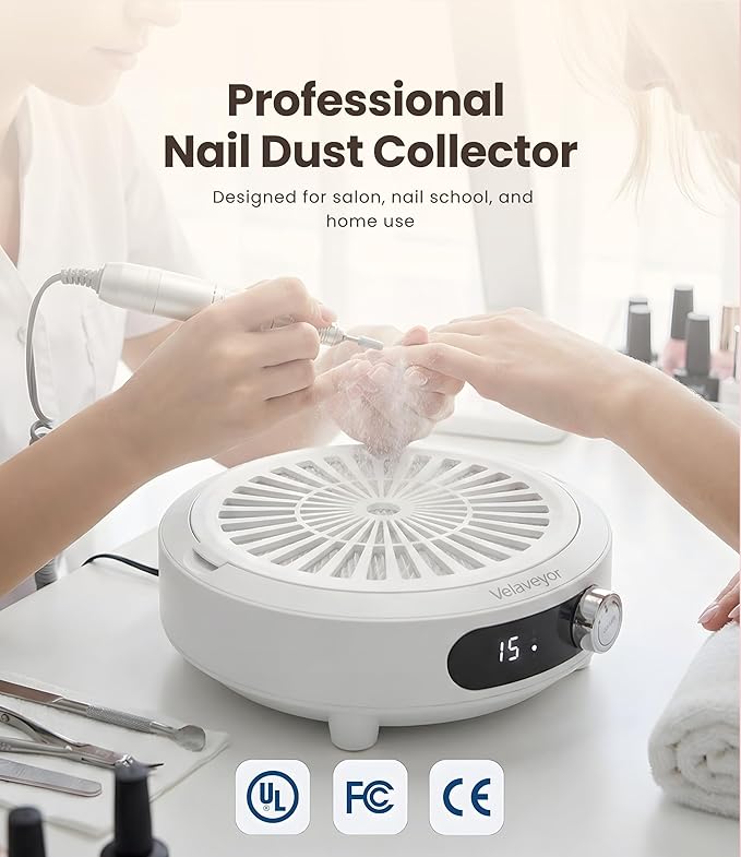 Nail Dust Collector, Rechargeable & Cordless 3800 RPM Low Noise Nail Vacuum Fan with LED Display, Adjustable Speed, Reusable Filter, 30 Pcs Paper, for Acrylic Nails, Salon & Home Use, White