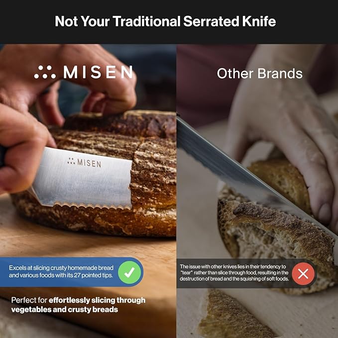 Misen Serrated Bread Knife - High-Carbon Japanese AUS8 Steel - Perfect for Soft Foods, Bread, Pastries, and Fruits - Verstatile Slicer, Razor-Sharp Edge, Durable Blade, Ergonomic Handle - 10", Black