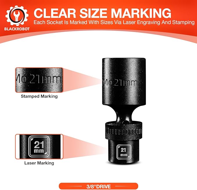 BLACKROBOT 3/8" Drive Deep Universal Impact Socket Set, 9-Piece Swivel Socket Set, Metric Flexible Wobble Sockets, 10-21mm, 6 Point, CR-MO, With Heavy Duty Storage Case