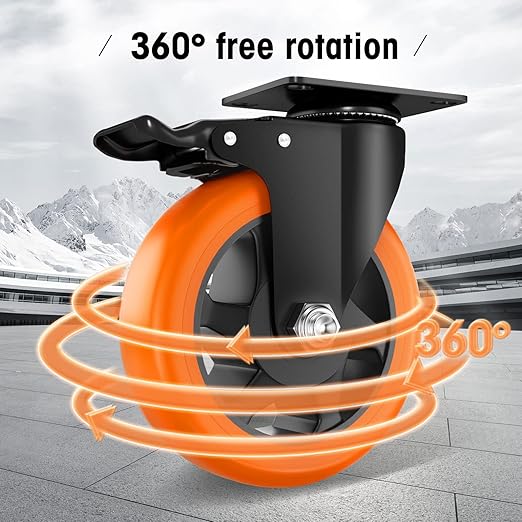 Casters, 5" Caster Wheels竊똂asters Set of 8 Heavy Duty - ASRINIEY Orange Polyurethane Castors, Top Plate Swivel Wheels, 8-Pack Industrial Casters with Brake, Locking Casters for Furniture and Workbench