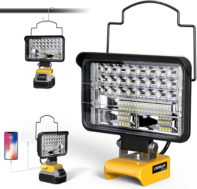 LIVOWALNY Cordless LED Work Light Compatible with Dewalt, 78W 7800LM 5" 20V Battery Flashlights with USB & Type-C & Low Voltage Protection & 140째 Pivoting Head for Emergency, Outdoors & Job Site Light