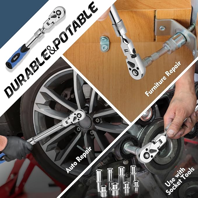 DISEN 3/8" Drive Extendable Ratchet,72-Tooth Flex-Head Ratchet Wrench with Quick Release Locking竊똕oft-Grip with Reversible Switch,Full-Polished Chrome Plating