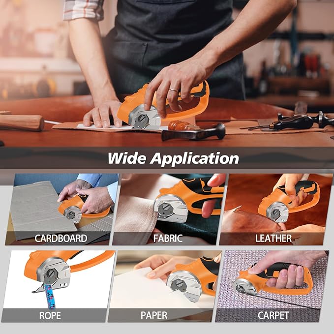 Cordless Electric Scissors, 4V Rechargeable Box Cutter & Cardboard Cutter with LED Light, Safety Lock - Rotary Cutter for Fabric, Leather, Carpet, Plastic, Crafting, Sewing with Storage Box (Orange)