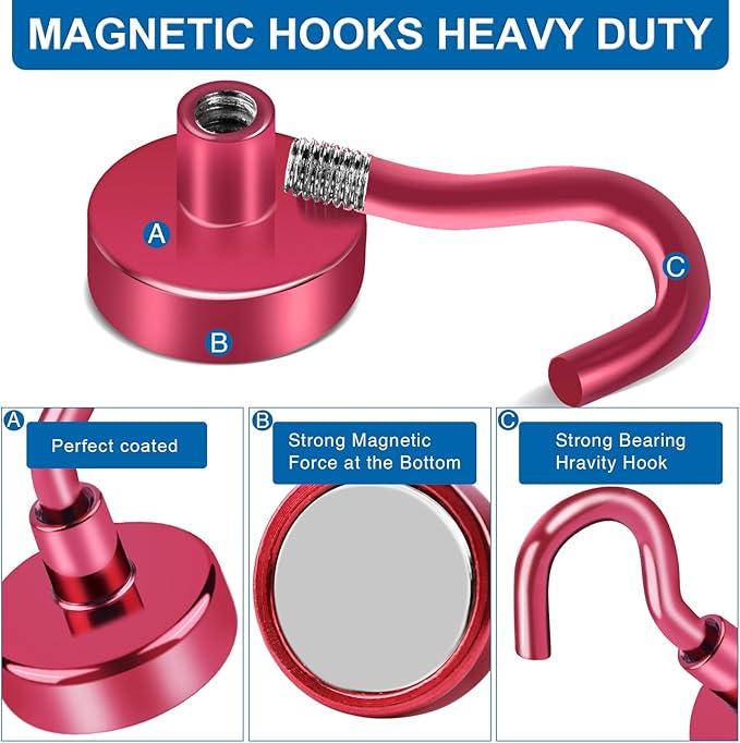 LOVIMAG Cruise Essentials, 170Lbs Cruise Door Magnets, Red Magnet Hooks for Cruise Cabin Strong Magnetic Hooks for Hanging, Refrigerator, Celling -6 Pack