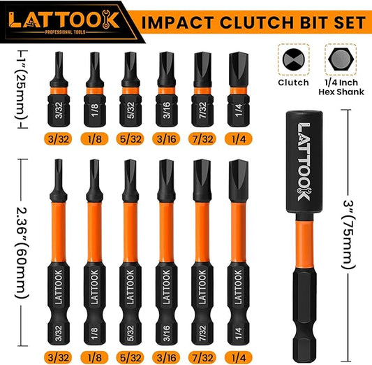 Impact Clutch Bits Set, LATTOOK 13PCS Type G Clutch Head Bits for Vintage American Cars, Chevy Cars and Trucks Older, Magnetic S2 Steel, 3/32'', 1/8'', 5/32'', 3/16'', 7/32'', 1/4'