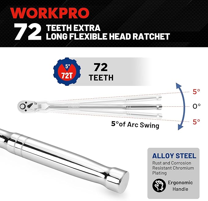 WORKPRO 1/4 inch Drive Extra Long Flex Head Ratchet, 12 Inch Long CR-V Steel Ratchet Handle with Chromium Plating, CR-MO Head, Quick Release Reversible Design, 72-Tooth