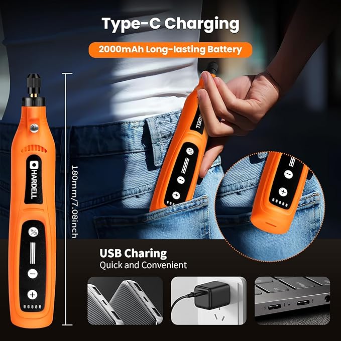 HARDELL Mini Cordless Rotary Tool Kit, 5-Speed and USB Charging with 69 Accessories, Multi-Purpose 4V Power Rotary Tool for Sanding, Polishing, Drilling, Etching, Engraving, DIY Crafts(Light Orange)