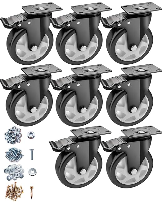 Casters, 5" Caster Wheels竊똂asters Set of 8 Heavy Duty - ASRINIEY Black Polyurethane Castors, Top Plate Swivel Wheels, 8-Pack Industrial Casters with Brake, Locking Casters for Furniture and Workbench