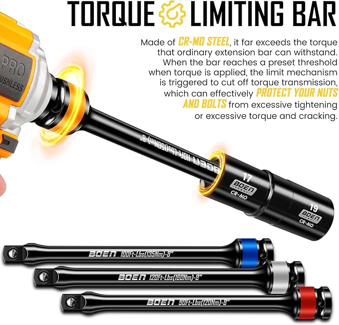 boen 9PCS 1/2" Drive Impact Flip Lug Nut Socket And Torque Limiting Extension Bar Set, 8" Long Impact Torque Sticks, Metric & SAE Double-Sided Sockets, 3" Extension Bar & Storage Case