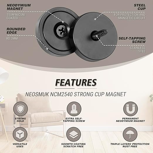 Neosmuk Magnets with Screws,60lbs+ Heavy Duty Rare Earth Neodymium Mounting Magnets with Holes,Countersunk Round Disc Industrial Magnets for Wall Mounting,4 Pack,Black