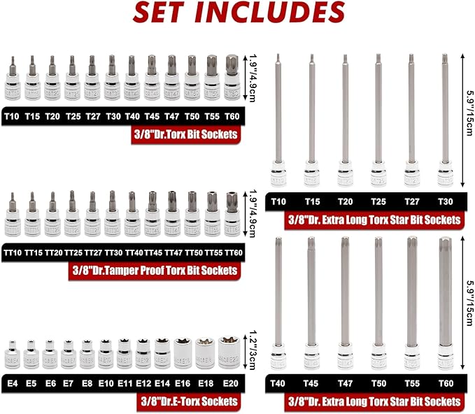 CASOMAN 48-Piece 3/8" Drive Master Torx Bit Socket and External Torx Socket Set, 6-Inch Extra Long, CR-V & S2 Steel