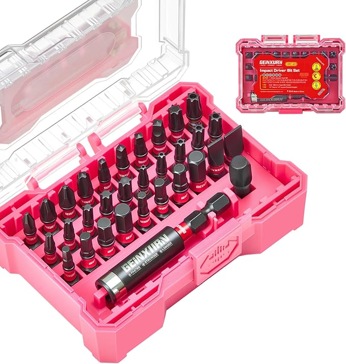 32Pieces Impact Screwdriver Bits Set, S2 Steel Magnetic Phillips/Slotted/Square/Torx/Hex Muliti Insert Bits Tips Set with Impact Bit Holder and 1/4?쒾ocket Adapter(Pink Storage Box Case)