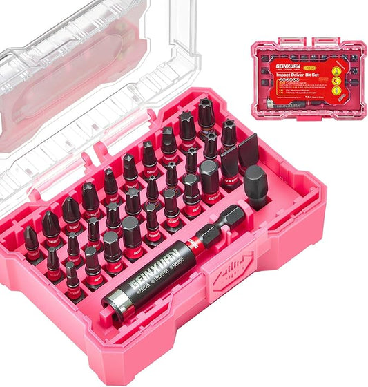 32Pieces Impact Screwdriver Bits Set, S2 Steel Magnetic Phillips/Slotted/Square/Torx/Hex Muliti Insert Bits Tips Set with Impact Bit Holder and 1/4?쒾ocket Adapter(Pink Storage Box Case)