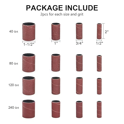 32 Pack Spindle Sander Sleeves, 2”Length, 1/2”,3/4”,1”,1-1/2” Diameter Sanding Sleeves Set for Drill,40 80 120 240 Grit