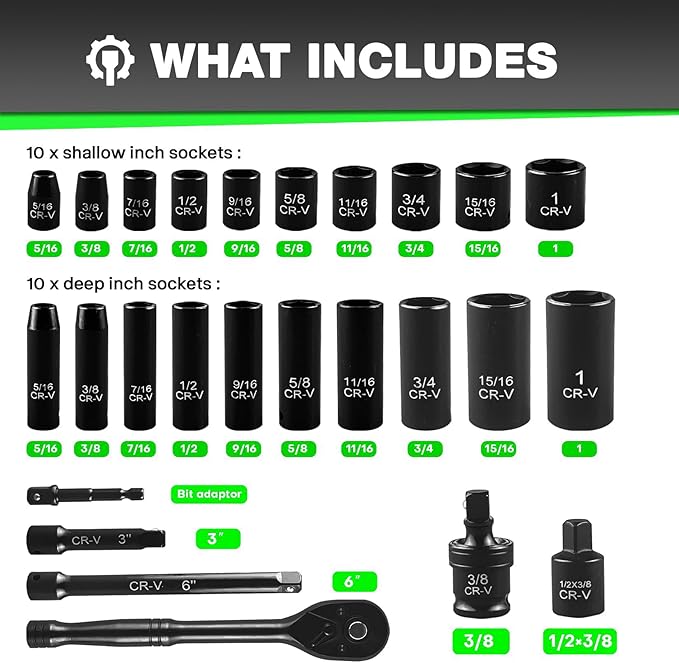 3/8" Drive Impact Socket Set 64-Piece, Deep & Shallow SAE (5/16"-1") & Metric (6-24mm), with 3/8-Inch Ratchet Handle, 6 Points,Cr-V, Extension Bars, Universal Joint, Gift for Men