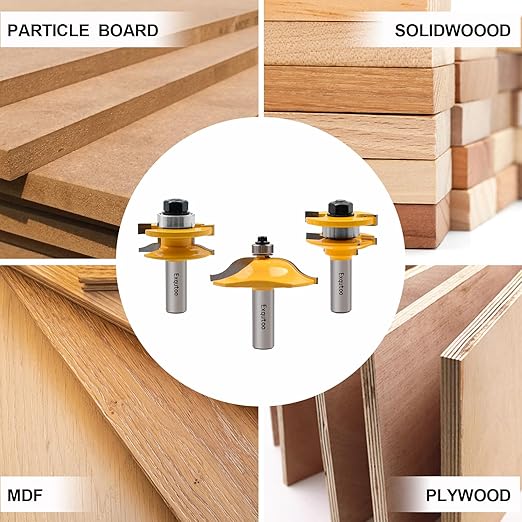 Exqutoo 3PCS 1/2" Shank Router Bit Set, Raised Panel Cabinet Door Making Router Bits, Cemented Carbide Router Bits, Woodworking Tools Router Door & Window Bits (Tenon Joint Cutter Diameter: 1-3/4")