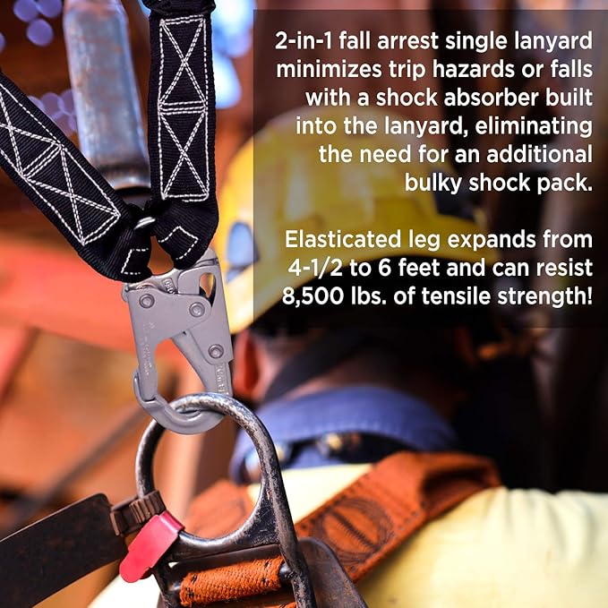 AFP 6FT Double Leg Internal Shock Absorbing Safety Fall Protection Lanyard with Dual Pelican Rebar & Snap Hook | Heavy-Duty Webbing | OSHA & ANSI Rated (Steel)