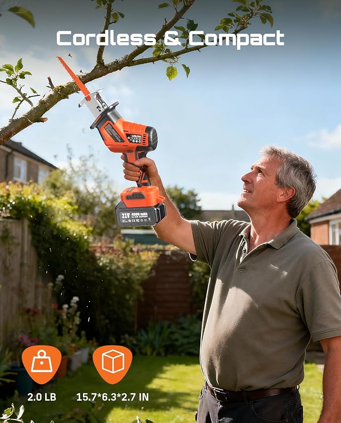 Cordless Reciprocating Saw With 8 Blades – 2×4000mAh Batteries, Brushless Motor, Variable Speed 0‑3200 SPM, Tool‑Free Blade Change, Power Reciprocating Saw for PVC Wood, Metal Cutting DIY
