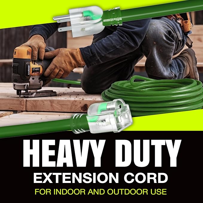10ft Outdoor/Indoor Extension Cord 16/3 Gauge Heavy Duty 3 Prong SJTW, Waterproof, Flexible Cold-Resistant Long Power Cord,13A 125V 1625W, Green by LifeSupplyUSA