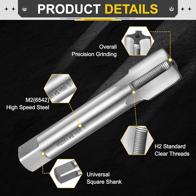 uxcell Hand Plug Tap M23 x 1 H2 Metric Thread Plug Style Taps Straight Flute Screw Tapping Threading Tool High Speed Steel HSS6542