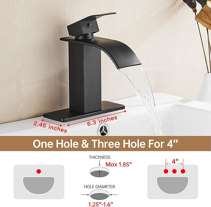 Fransiton Black Waterfall Bathroom Faucet Lavatory Single Handle 1 or 3 Hole Bathroom Sink Faucet Washbasin Faucet with Deck and Pop-up Drain