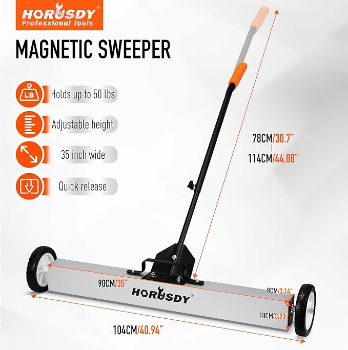 HORUSDY 36-Inch Rolling Magnetic Sweeper with Wheels | 40-Inch Telescoping Magnetic Pickup Tool | Adjustable Handle | 55-Pound Capacity Heavy-Duty Magnet to Pick Up Nails
