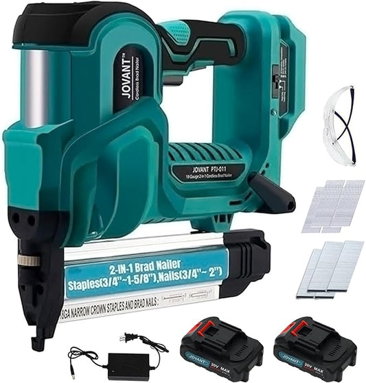 Brad Nailer Electric, 18 Gauge Brad Nail Gun, 2-in-1 Brad Nailer with 800pcs Nails&Staples, Nail Gun with 2횞2.0Ah Batteries, for Woodworking, Home Improvement JOVANT