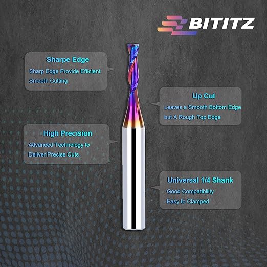 2PCS Upcut Spiral Router Bit 1/4 Inch Shank 1/8 Inch Cutting Diameter 1/2 inch Cutting Length with Extra Long Life Coating CNC Router Bits End Mill for Wood Cutting, Slot Mortise, Engraving