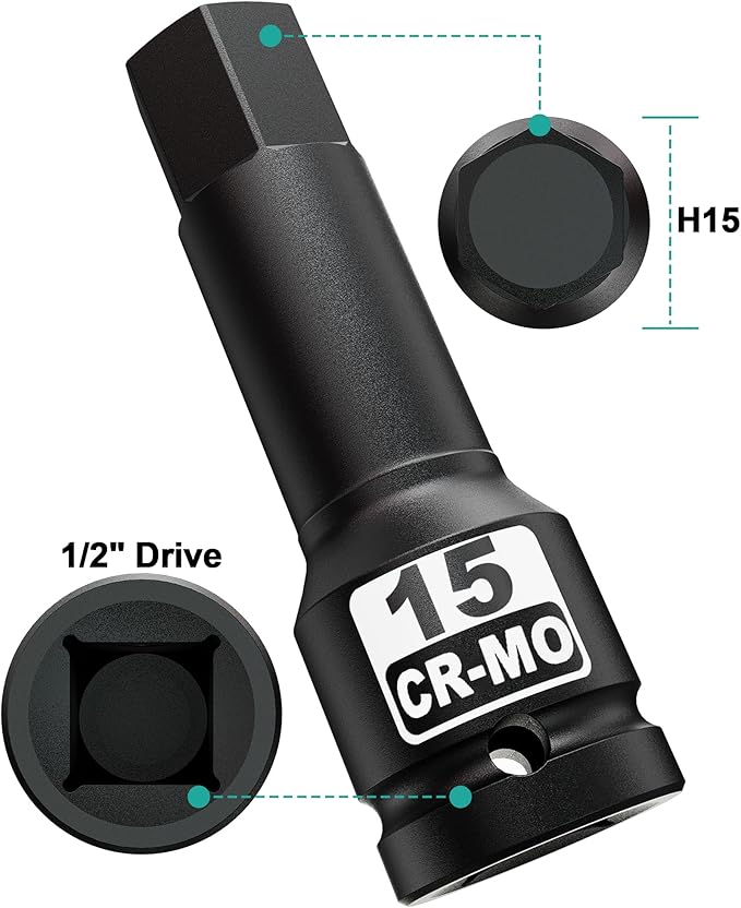 1/2" Drive 15 mm Hex Impact Bit Socket, H15 Allen Bit Socket, Metric, Cr-Mo Steel, Automotive Repair Industrial Maintenance and DIY Enthusiasts Alike