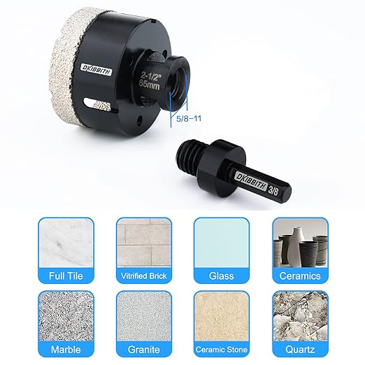 2-1/2'' Dry Diamond Hole Saw, 65mm Hole Saw Brazed Core BitGranite Tile Quartzite Marble Porcelain Ceramic Stones5/8-11 ThreadAngle Grinders and 3/8'' Hex ShankElectric Drills Black