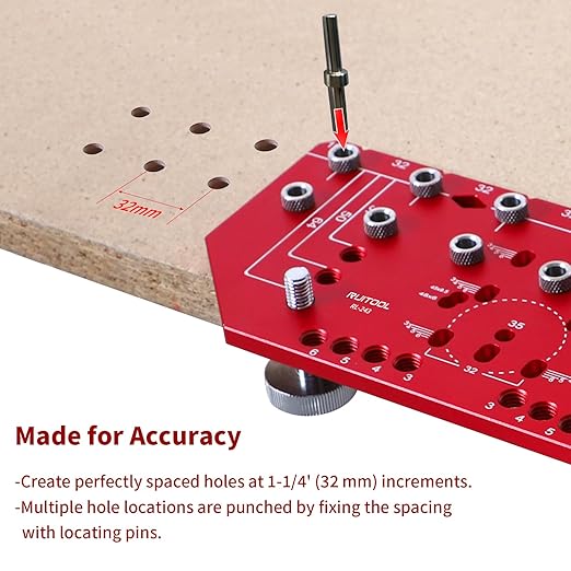 RUITOOL Shelf Pin Jig and Hinge Jig Two-in-One, Self-contained Clamping Function All Metal Shelf Pin Drilling Jig with 1/4" and 5mm Drill Bits, Shelf and Cabinet Hardware Jig Tool Drill Guide