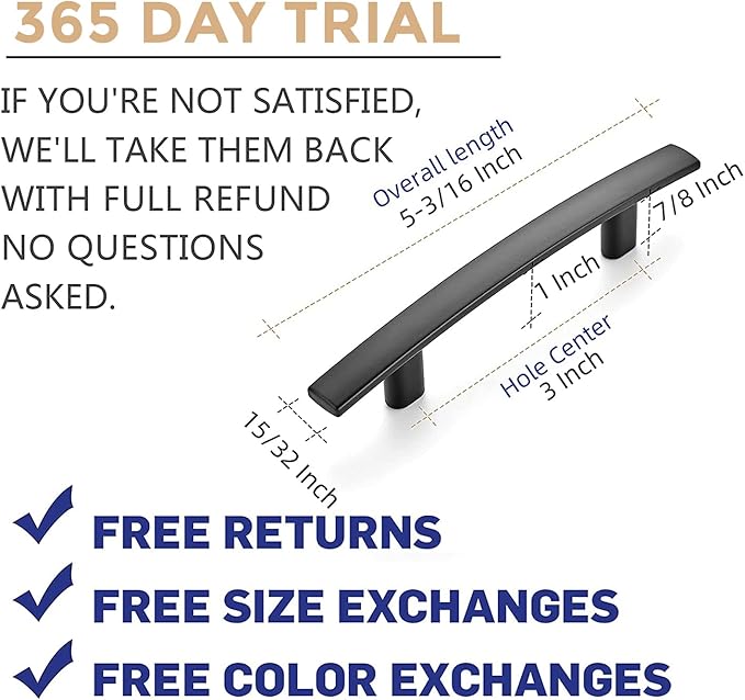 Ravinte 3 Pack | 5-3/16'' Curved Cabinet Pulls Matte Black Kitchen Drawer Pulls Arch Cabinet Handles 5-3/16?쒵ength, 3??Hole Center