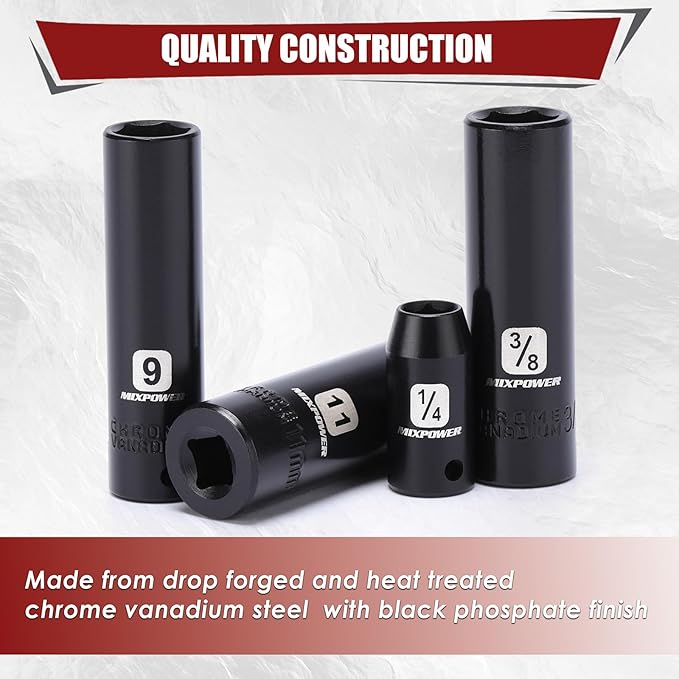 MIXPOWER 50 Pieces 1/4" Dr. Impact Socket Set, CR-V, 6 Point, SAE/Metric, 5/32 Inch - 9/16 Inch, 4mm - 15mm, Shallow/Deep