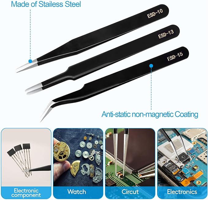 YHYZ High Precision Tweezers Set (3PCS), Anti-Static Stainless Steel Precise Tweezers (Fine, Curved, Flat), Perfect for Craft, Electronic, Soldering, Model, Hobby, Jewelry Making, Laboratory