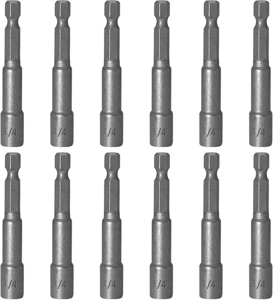 1/4 Inch Magnetic Nut Driver Bit Set, 12 Pcs Chrome Vanadium Steel Impact Drill Bits, Quick Change Socket Nut Driver Adapter with Hex Shank, 65mm Length