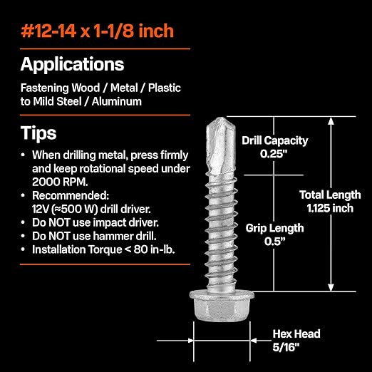 SUNKIN 100PCS Self Tapping Screws for Metal, Bi-Metal Stainless Steel 304 Rustproof, #12 x 1-1/8" Hex Head, Hardened Self Drilling Tip for Steel, Extreme Long Service Life